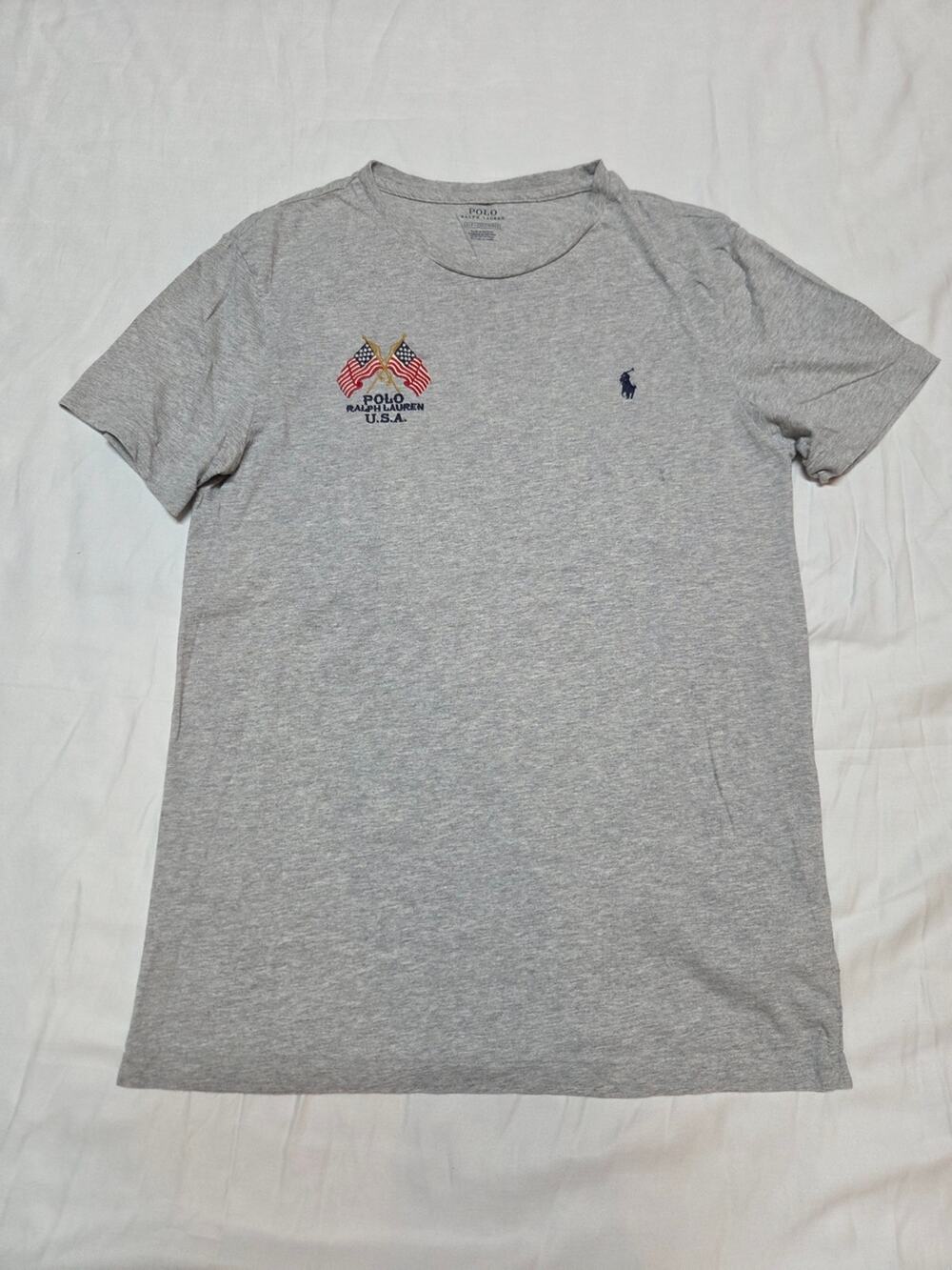 Ralph Lauren Gray Short Sleeve Tee with Flag Embroidery